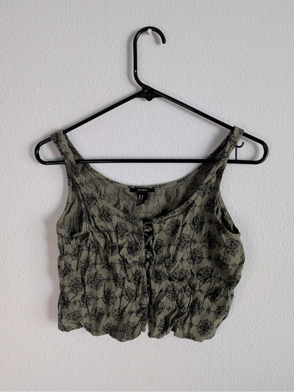 Olive Green Boho Print Cropped Tank Top Women's Medium Rayon